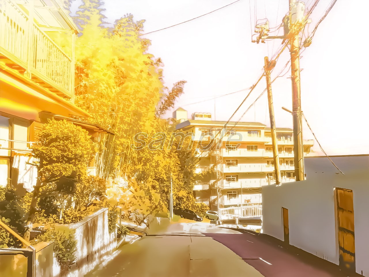 住宅街とマンション1【背景素材_夕方差分+空くり抜きセット】