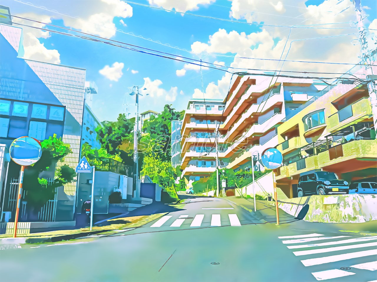 住宅街と通学路2【背景素材_夕方差分+空くり抜きセット】