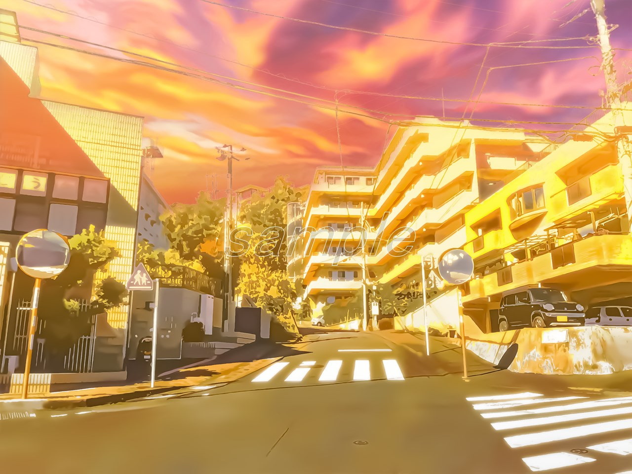 住宅街と通学路2【背景素材_夕方差分+空くり抜きセット】