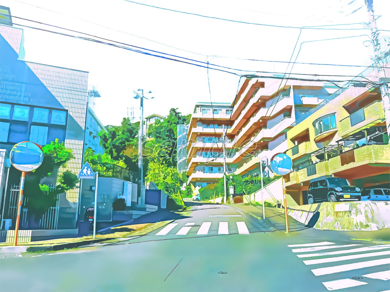 住宅街と通学路2【背景素材_夕方差分+空くり抜きセット】