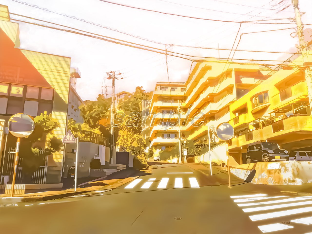 住宅街と通学路2【背景素材_夕方差分+空くり抜きセット】