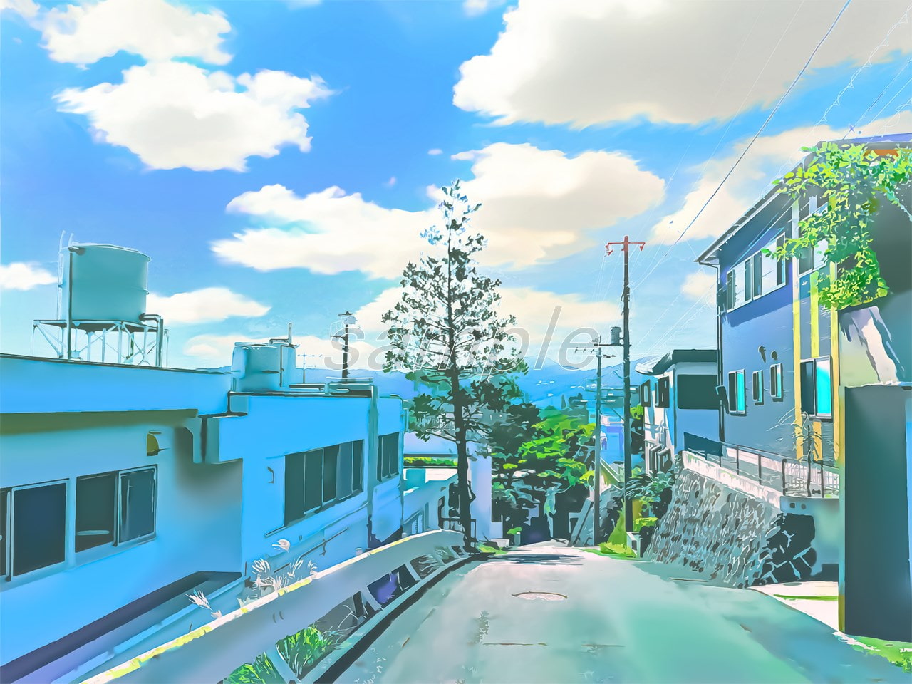 住宅街と下り坂【背景素材_夕方差分+空くり抜きセット】