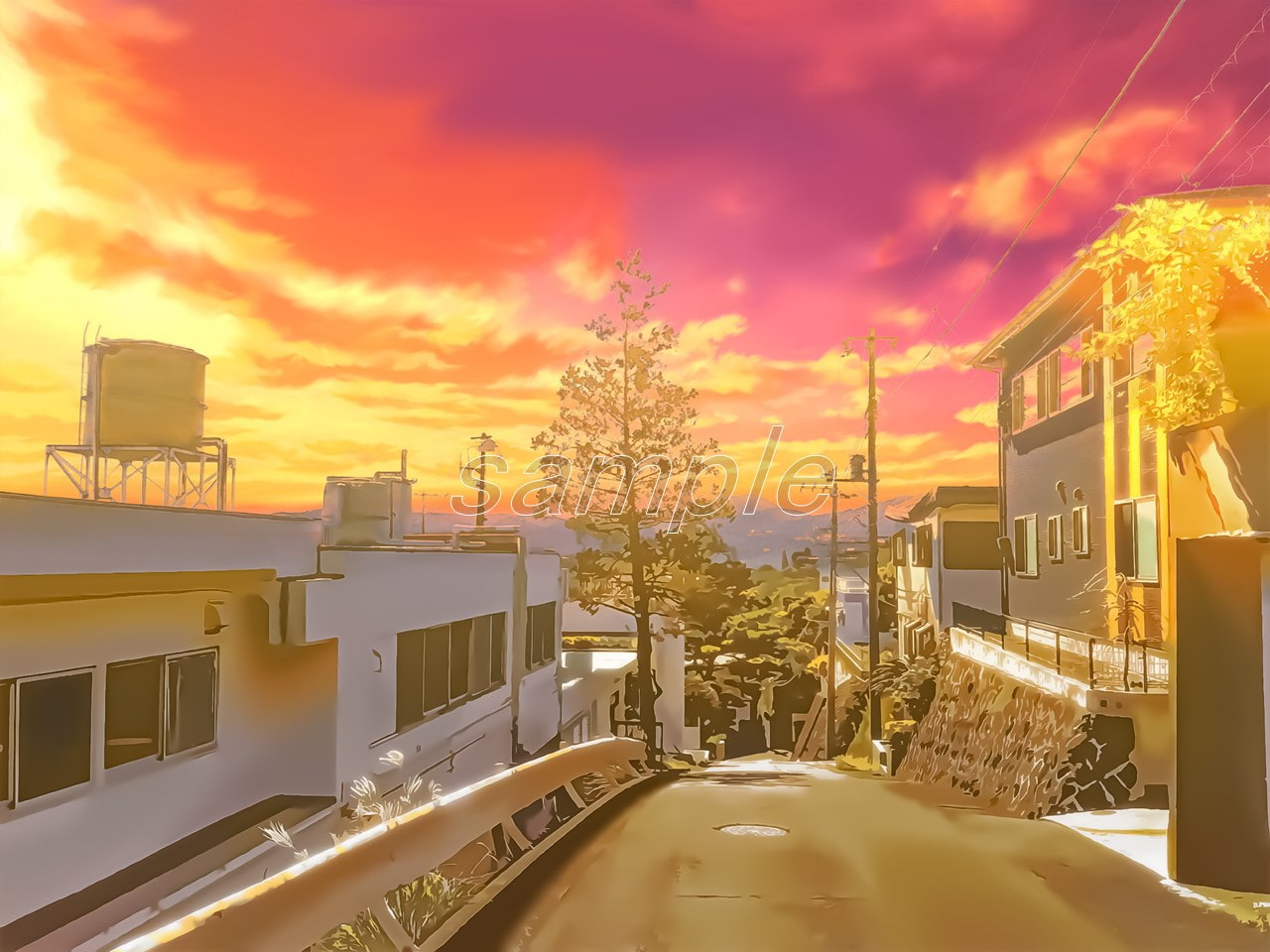 住宅街と下り坂【背景素材_夕方差分+空くり抜きセット】