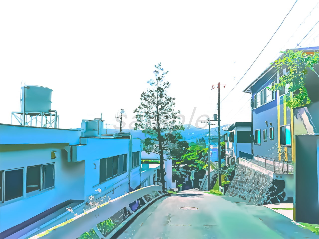 住宅街と下り坂【背景素材_夕方差分+空くり抜きセット】