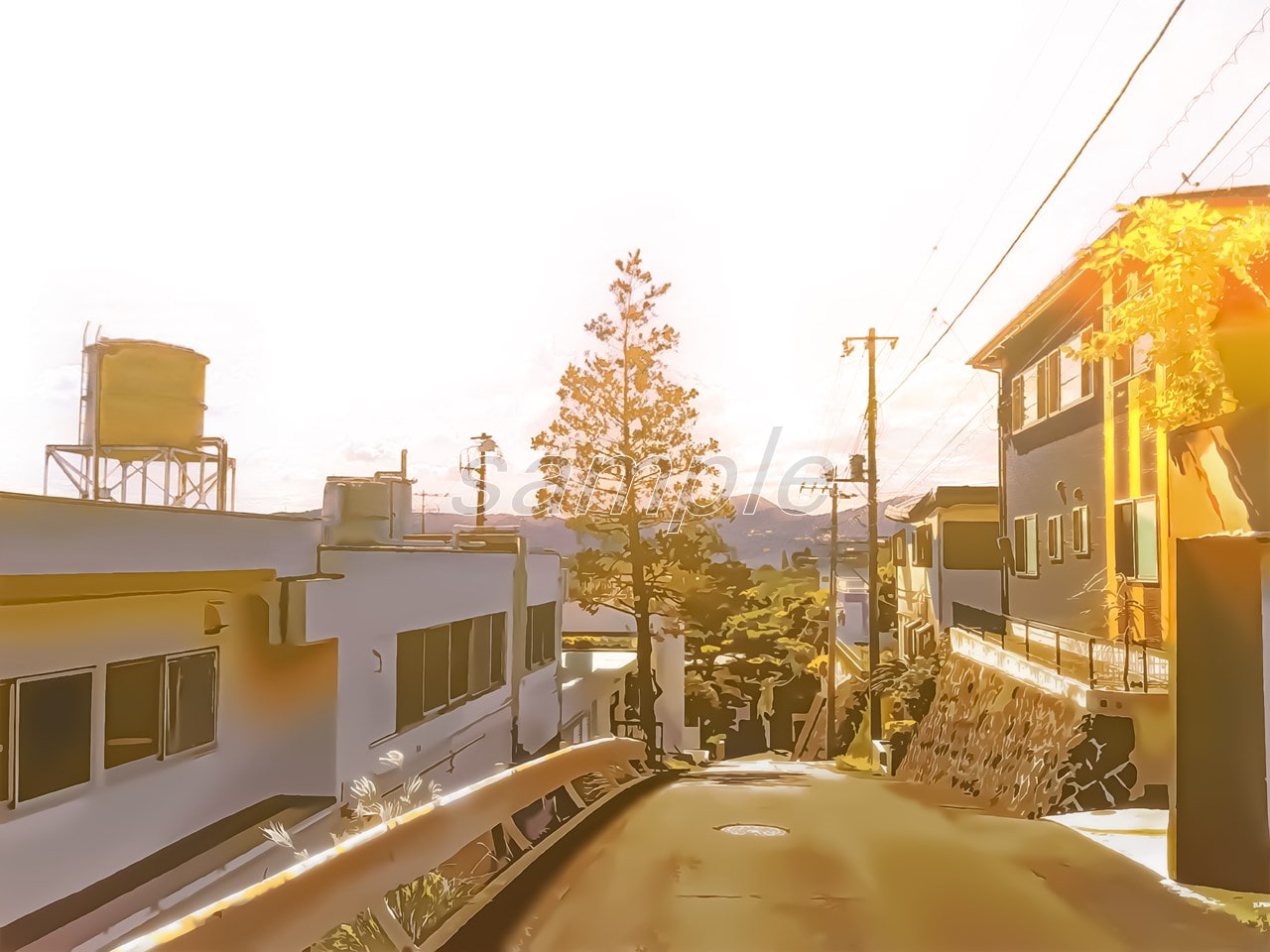 住宅街と下り坂【背景素材_夕方差分+空くり抜きセット】