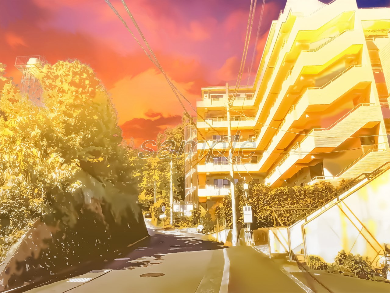 住宅街とマンション2【背景素材_夕方差分+空くり抜きセット】