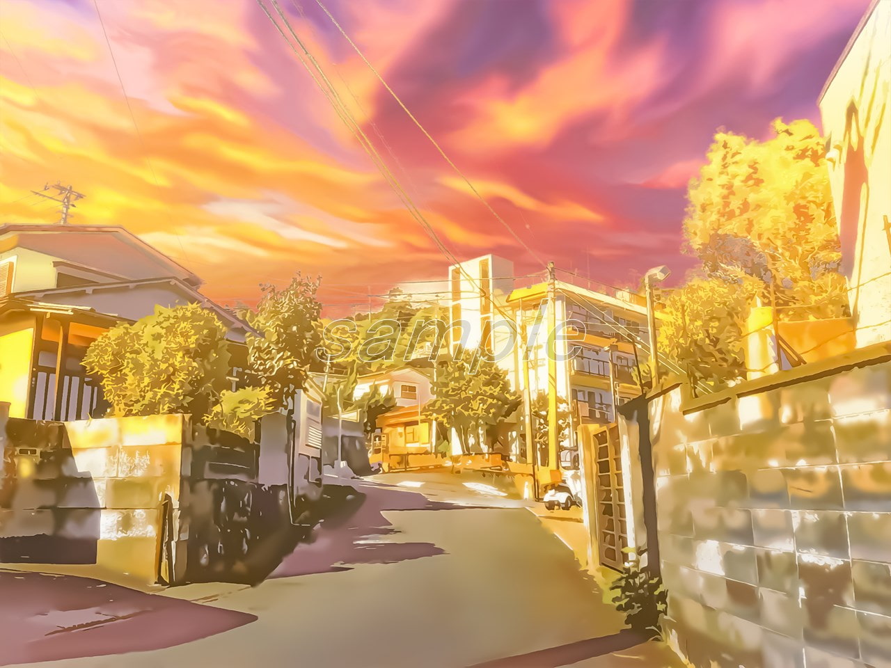 住宅街と通学路1【背景素材_夕方差分+空くり抜きセット】