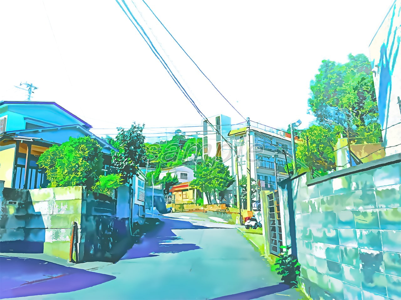 住宅街と通学路1【背景素材_夕方差分+空くり抜きセット】