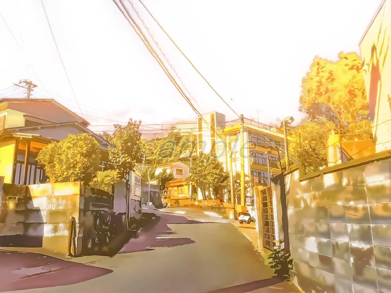 住宅街と通学路1【背景素材_夕方差分+空くり抜きセット】