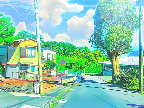 郊外の住宅と田舎道【背景素材_夕方差分+空くり抜きセット】