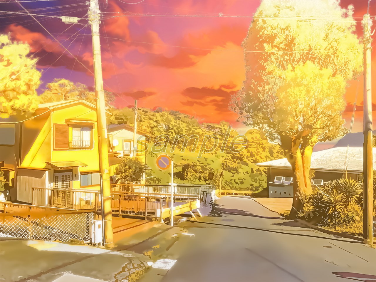 郊外の住宅と田舎道【背景素材_夕方差分+空くり抜きセット】