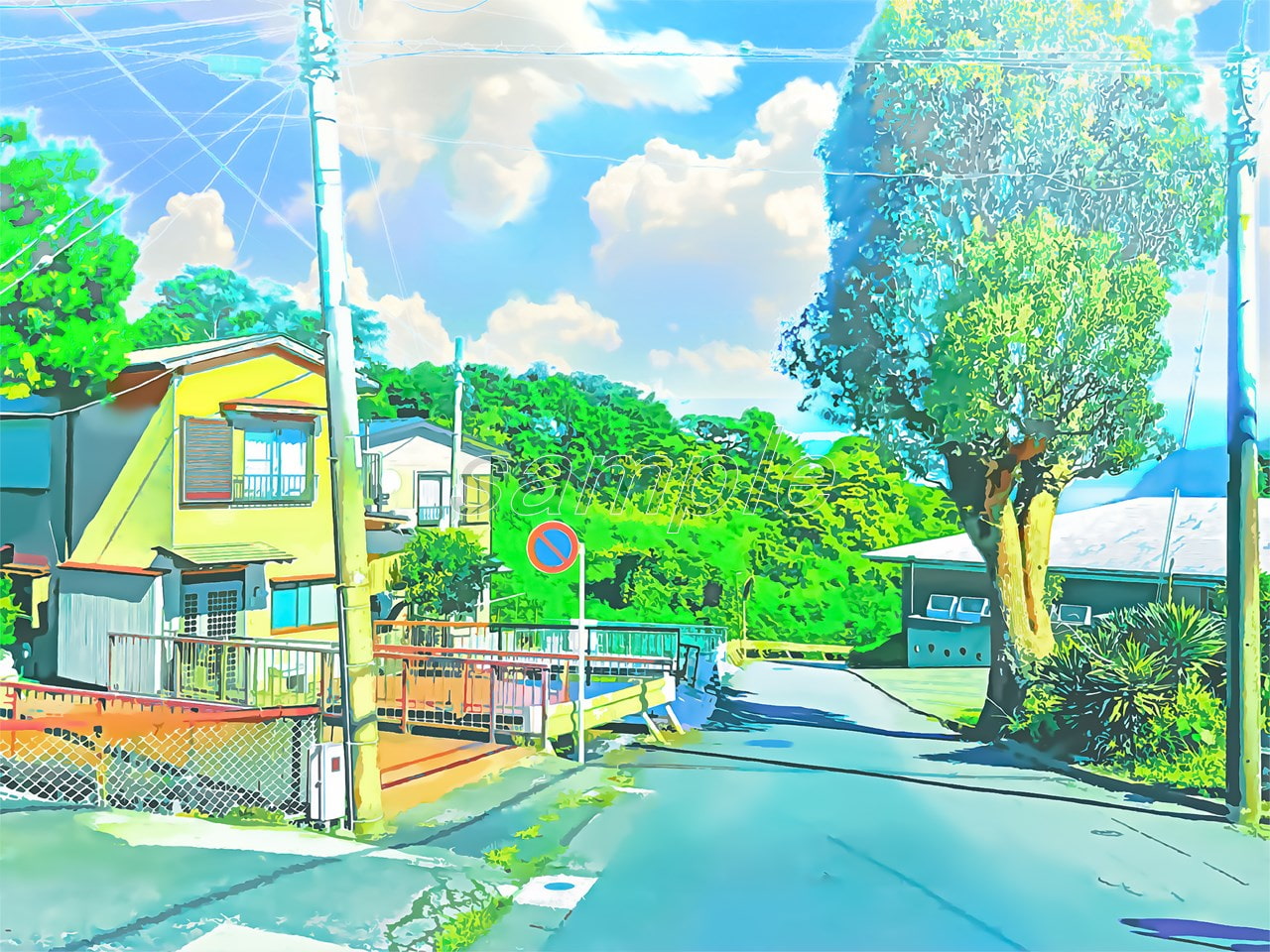 郊外の住宅と田舎道【背景素材_夕方差分+空くり抜きセット】