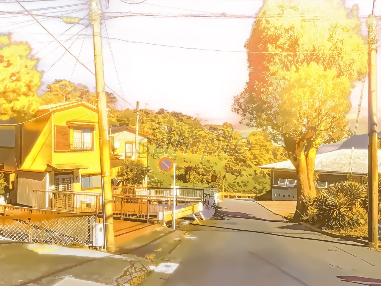 郊外の住宅と田舎道【背景素材_夕方差分+空くり抜きセット】