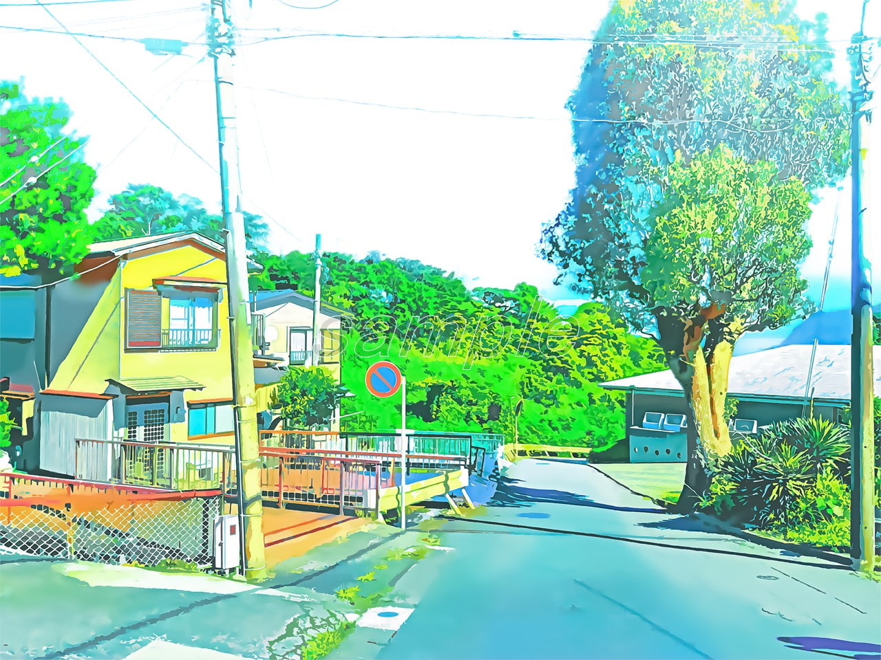 郊外の住宅と田舎道【背景素材_夕方差分+空くり抜きセット】