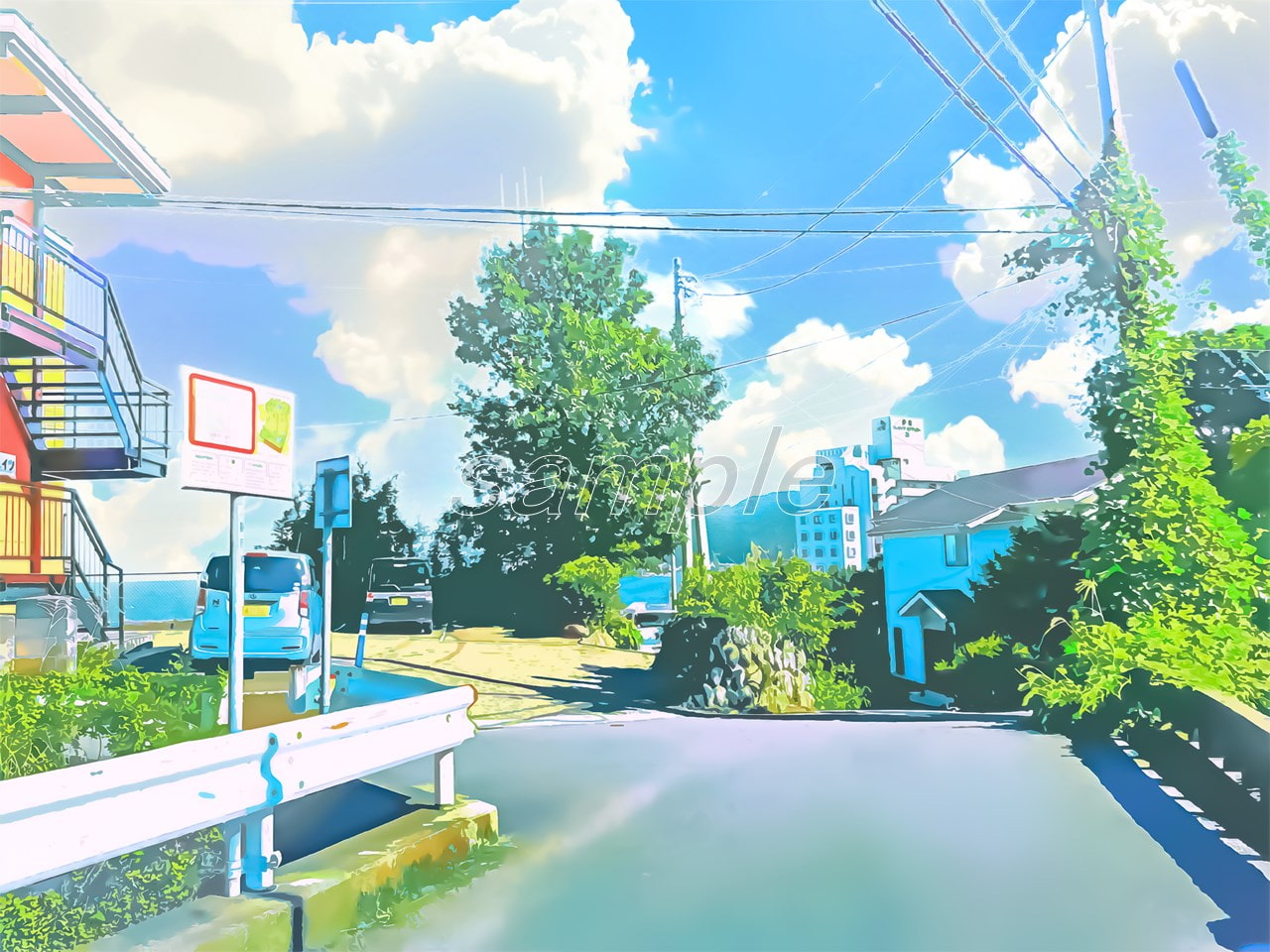 坂道の通学路4【背景素材_夕方差分+空くり抜きセット】