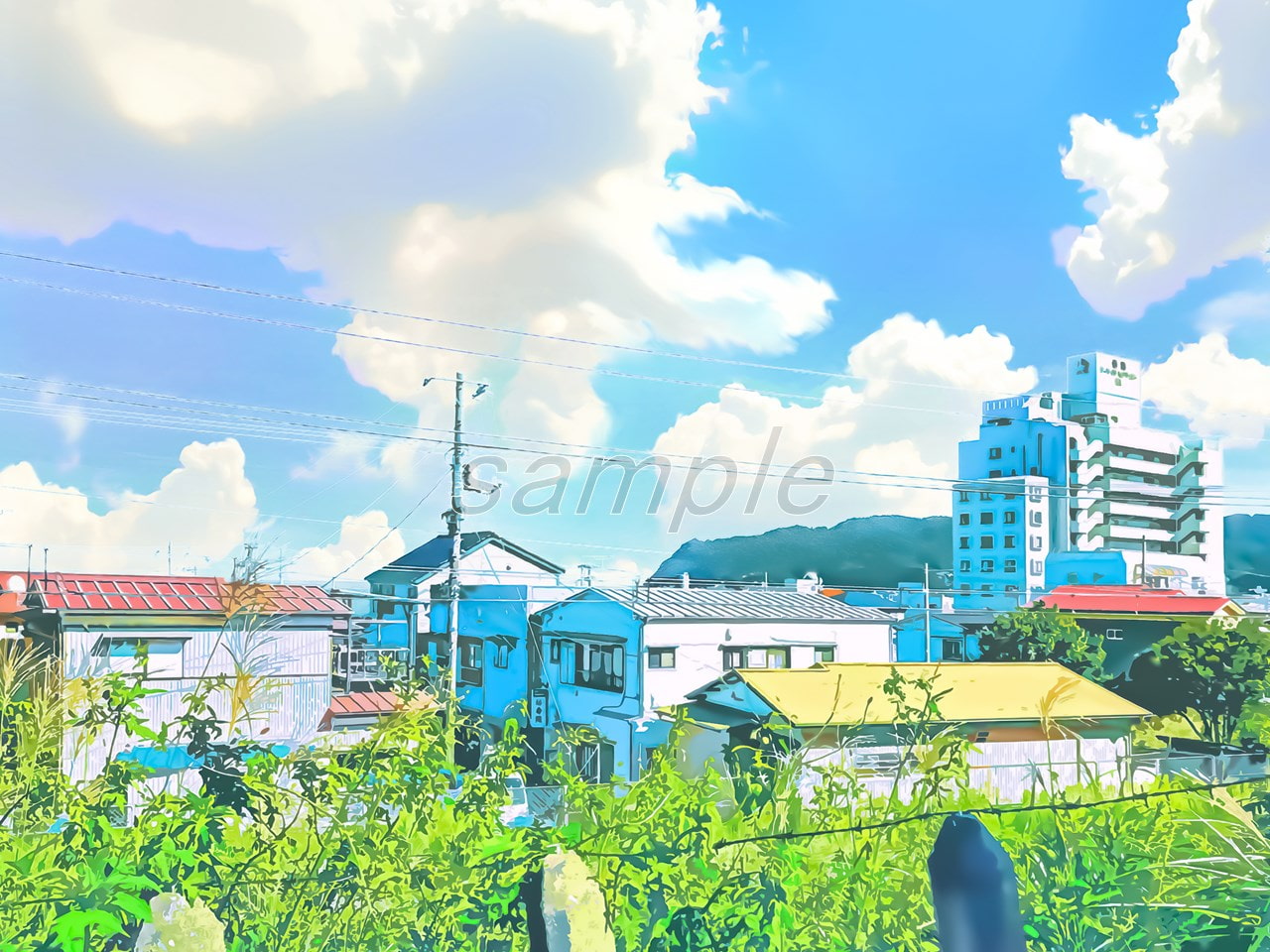 線路沿いの眺めと海街【背景素材_夕方差分+空くり抜きセット】