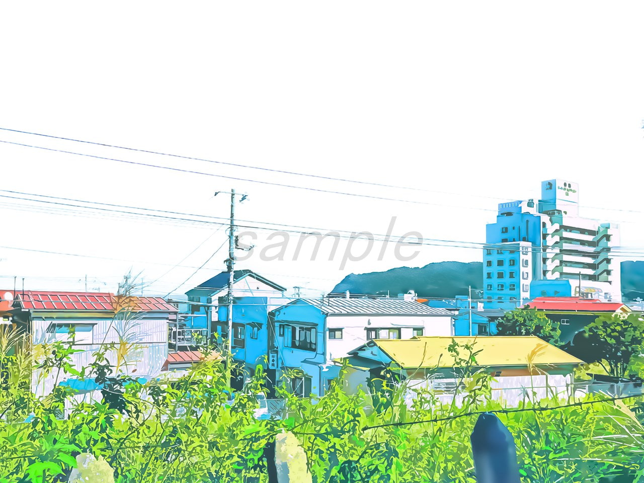 線路沿いの眺めと海街【背景素材_夕方差分+空くり抜きセット】