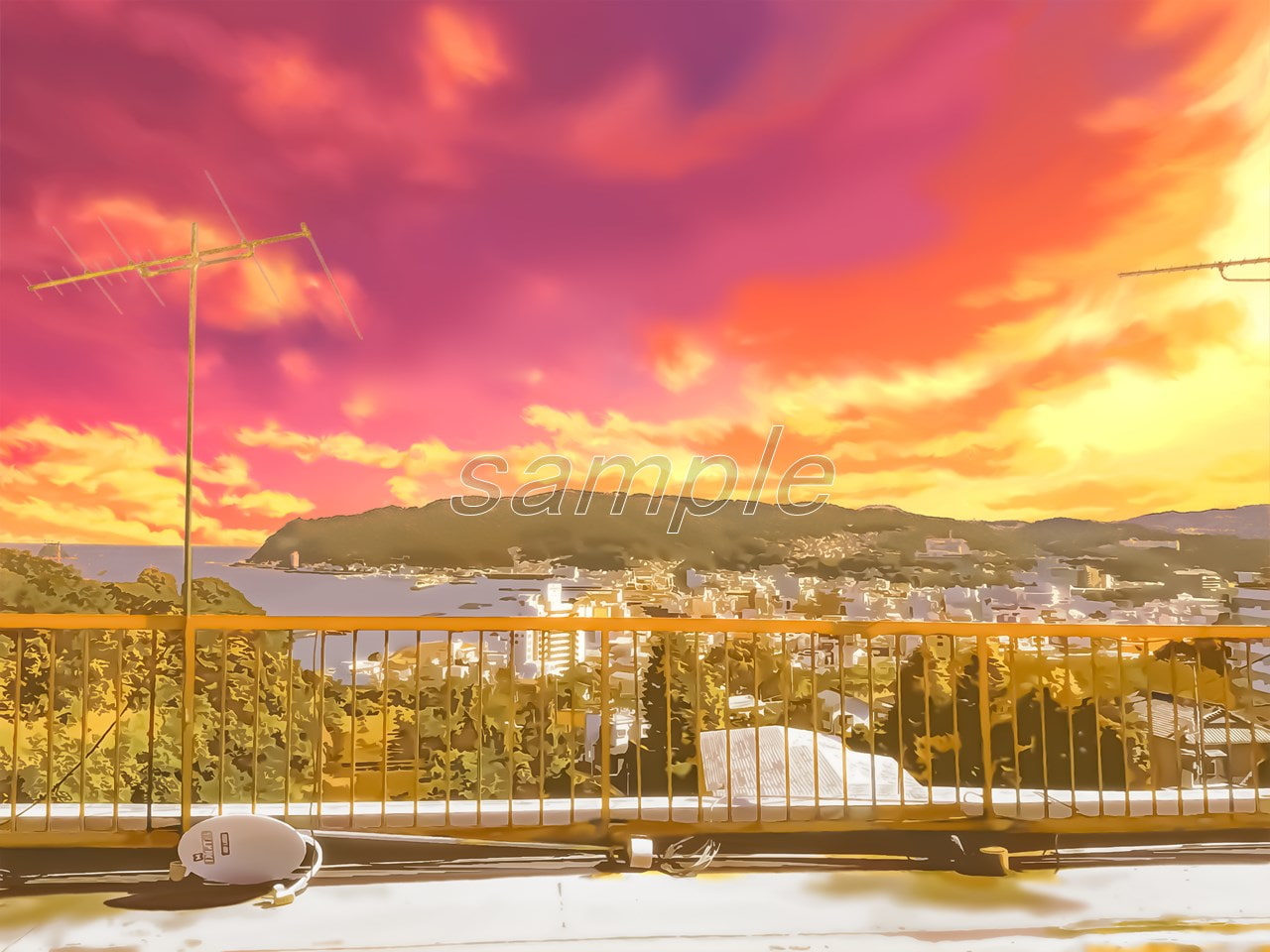 屋上の眺めと港町【背景素材_夕方差分+空くり抜きセット】