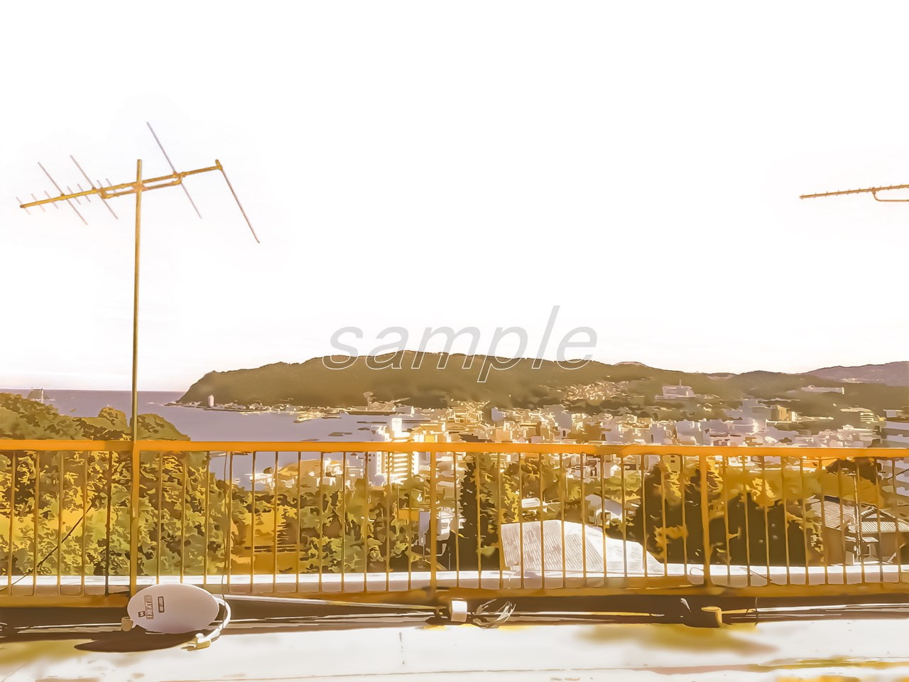 屋上の眺めと港町【背景素材_夕方差分+空くり抜きセット】