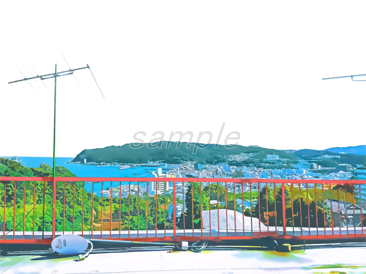 屋上の眺めと港町【背景素材_夕方差分+空くり抜きセット】