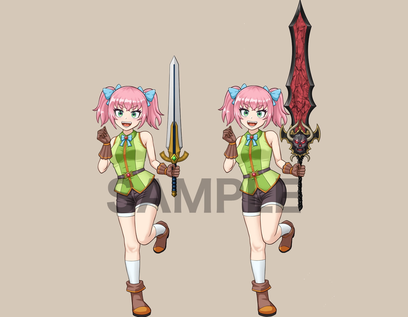 立ち絵素材、ツインテールの女剣士、普通の剣&魔剣、C03