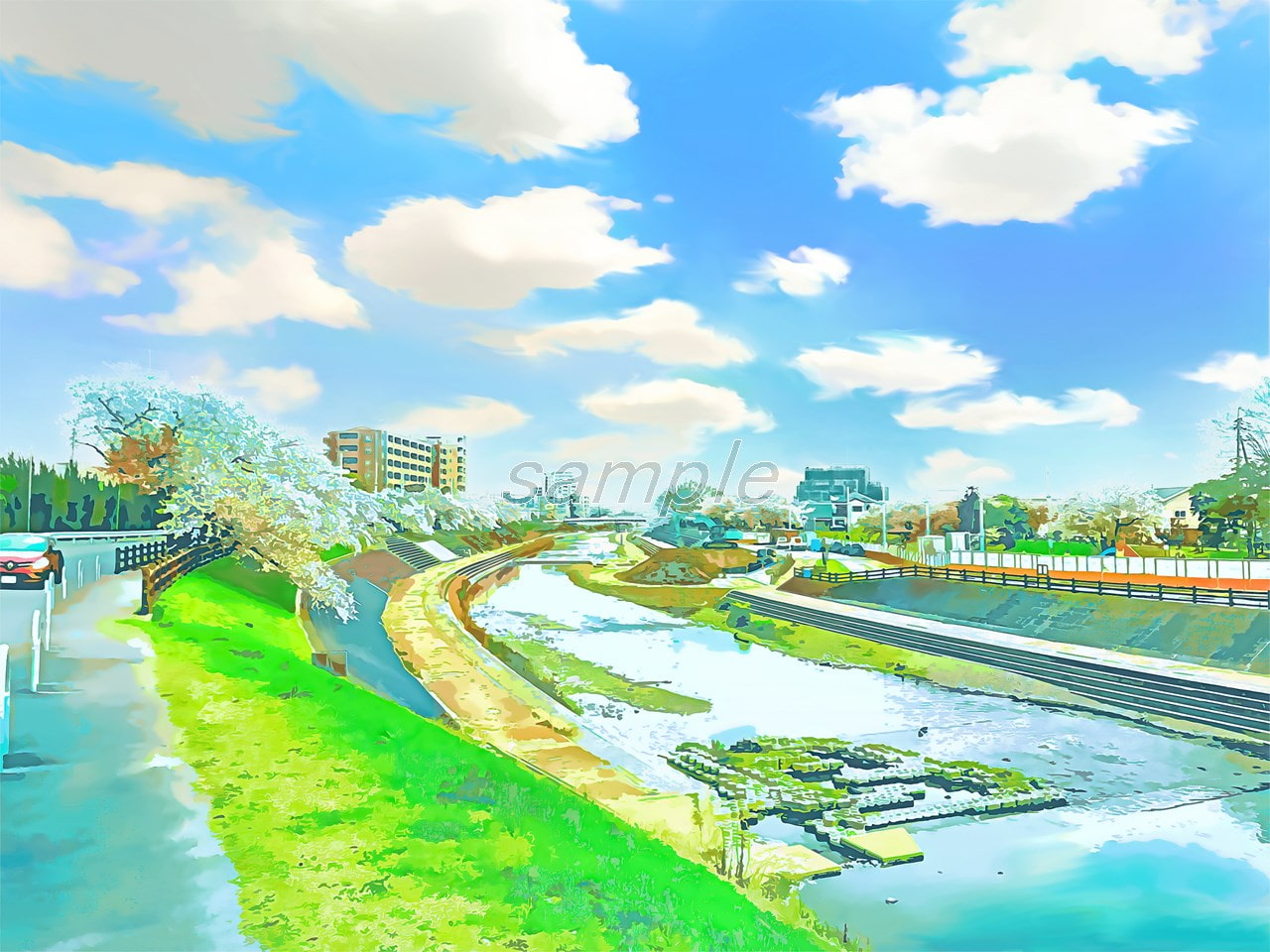 河川敷【背景素材_夕方差分+空くり抜きセット】