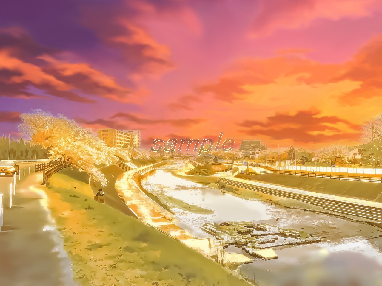 河川敷【背景素材_夕方差分+空くり抜きセット】