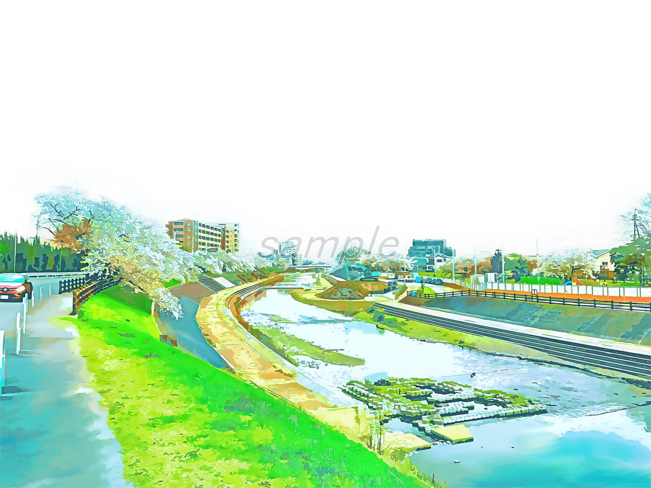 河川敷【背景素材_夕方差分+空くり抜きセット】