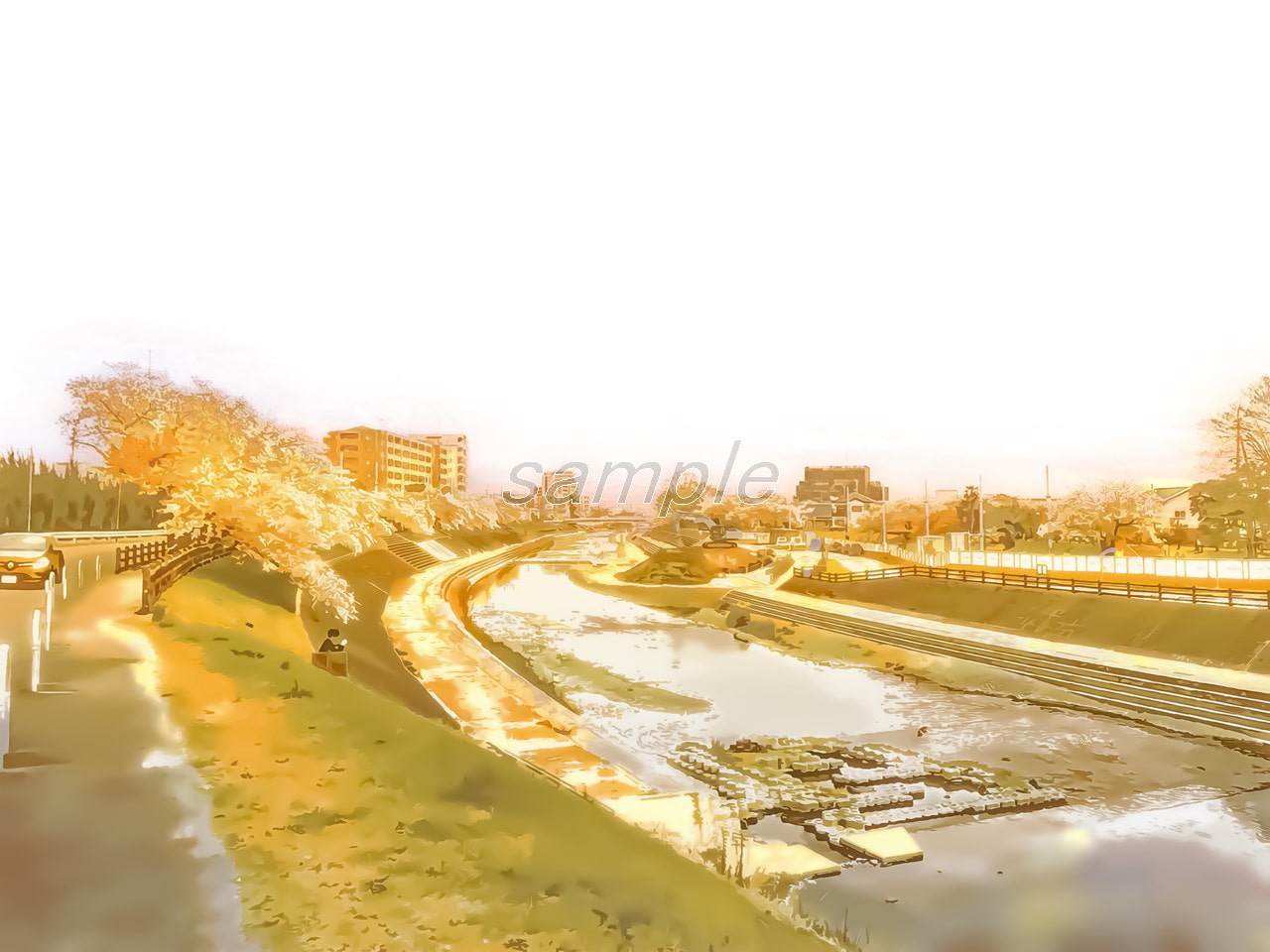 河川敷【背景素材_夕方差分+空くり抜きセット】