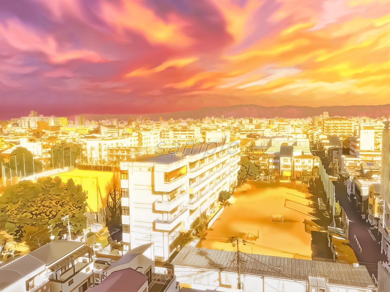 都会の学校俯瞰【背景素材_夕方差分+空くり抜きセット】