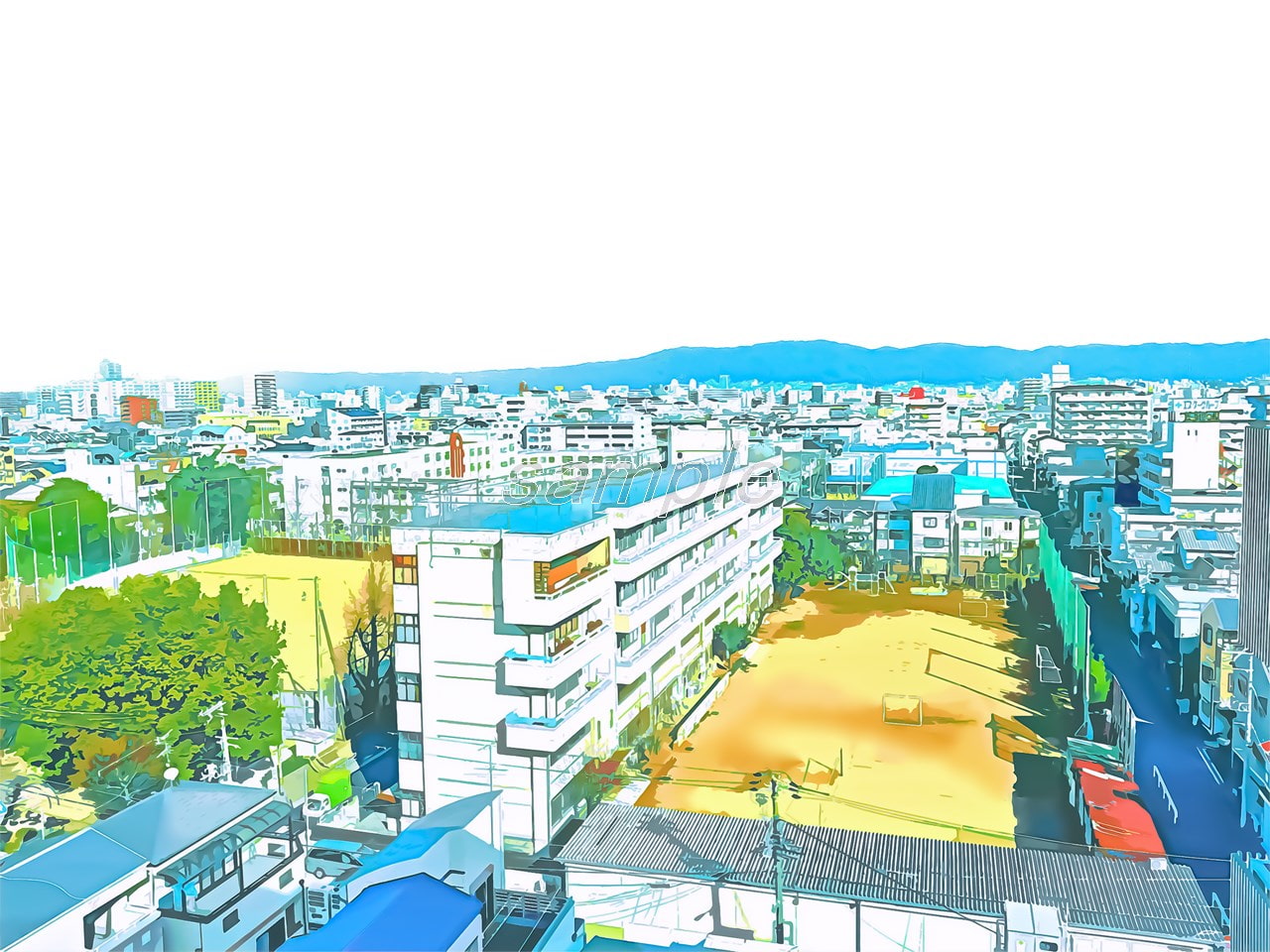 都会の学校俯瞰【背景素材_夕方差分+空くり抜きセット】