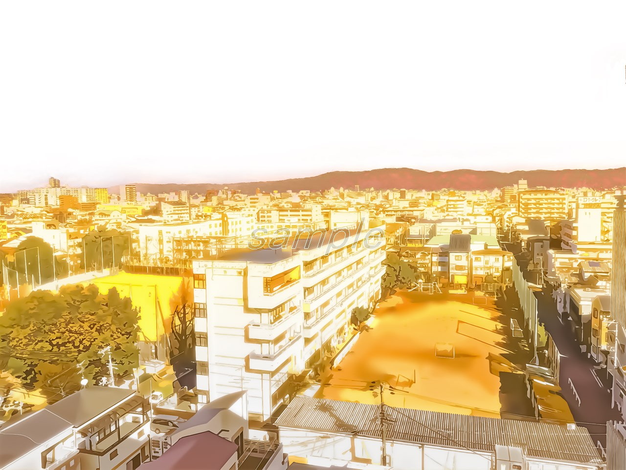 都会の学校俯瞰【背景素材_夕方差分+空くり抜きセット】