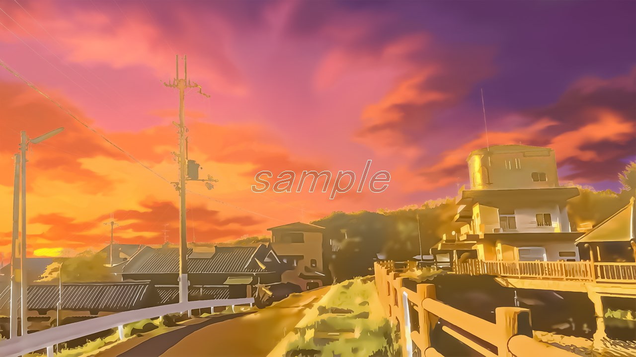 ため池と郊外の宅地【背景素材_夕方差分+空くり抜きセット】