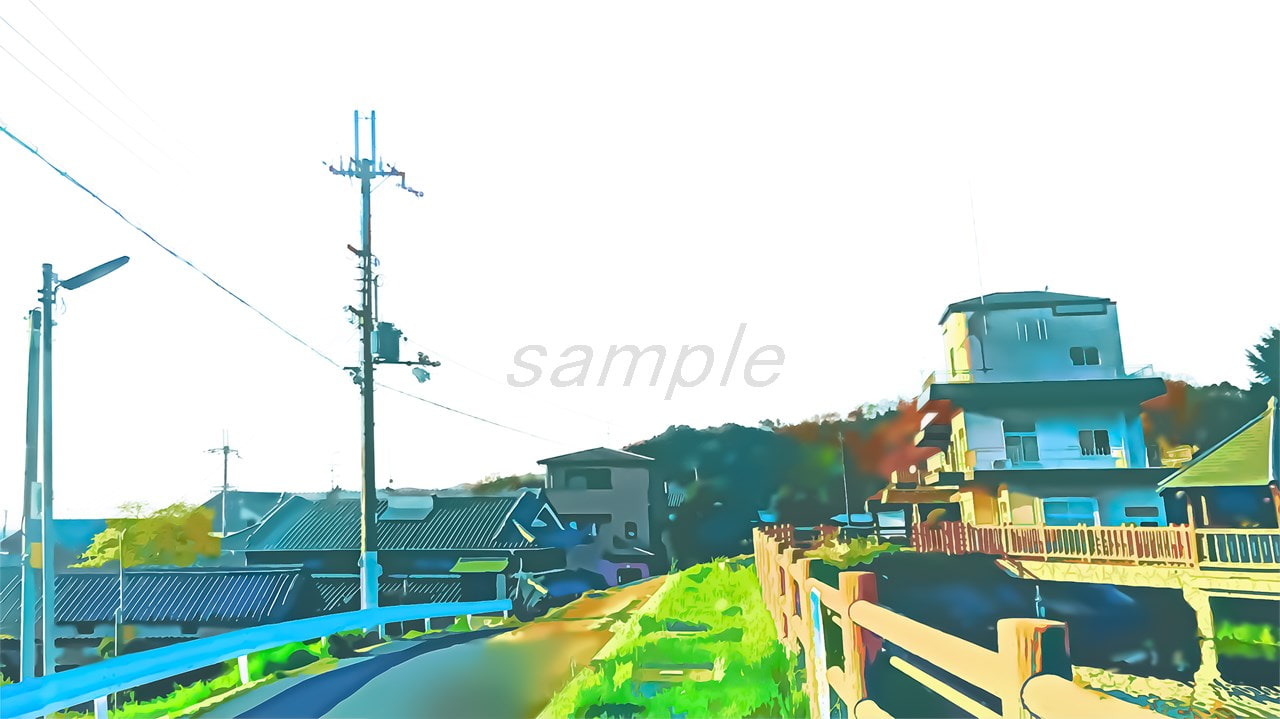 ため池と郊外の宅地【背景素材_夕方差分+空くり抜きセット】