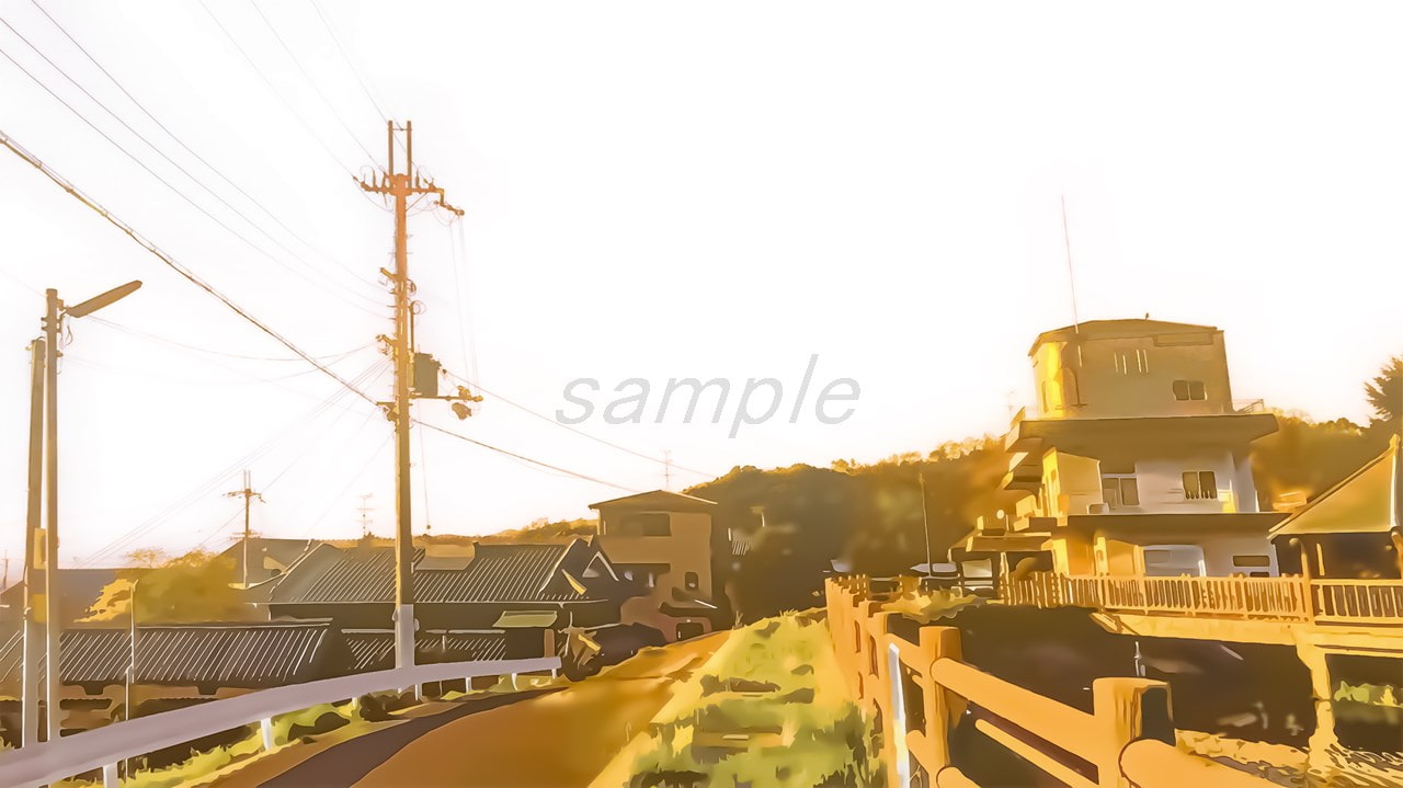 ため池と郊外の宅地【背景素材_夕方差分+空くり抜きセット】