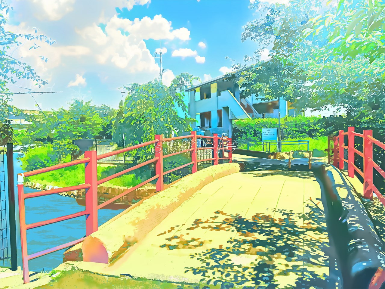 ため池公園前と橋【背景素材_夕方差分+空くり抜きセット】