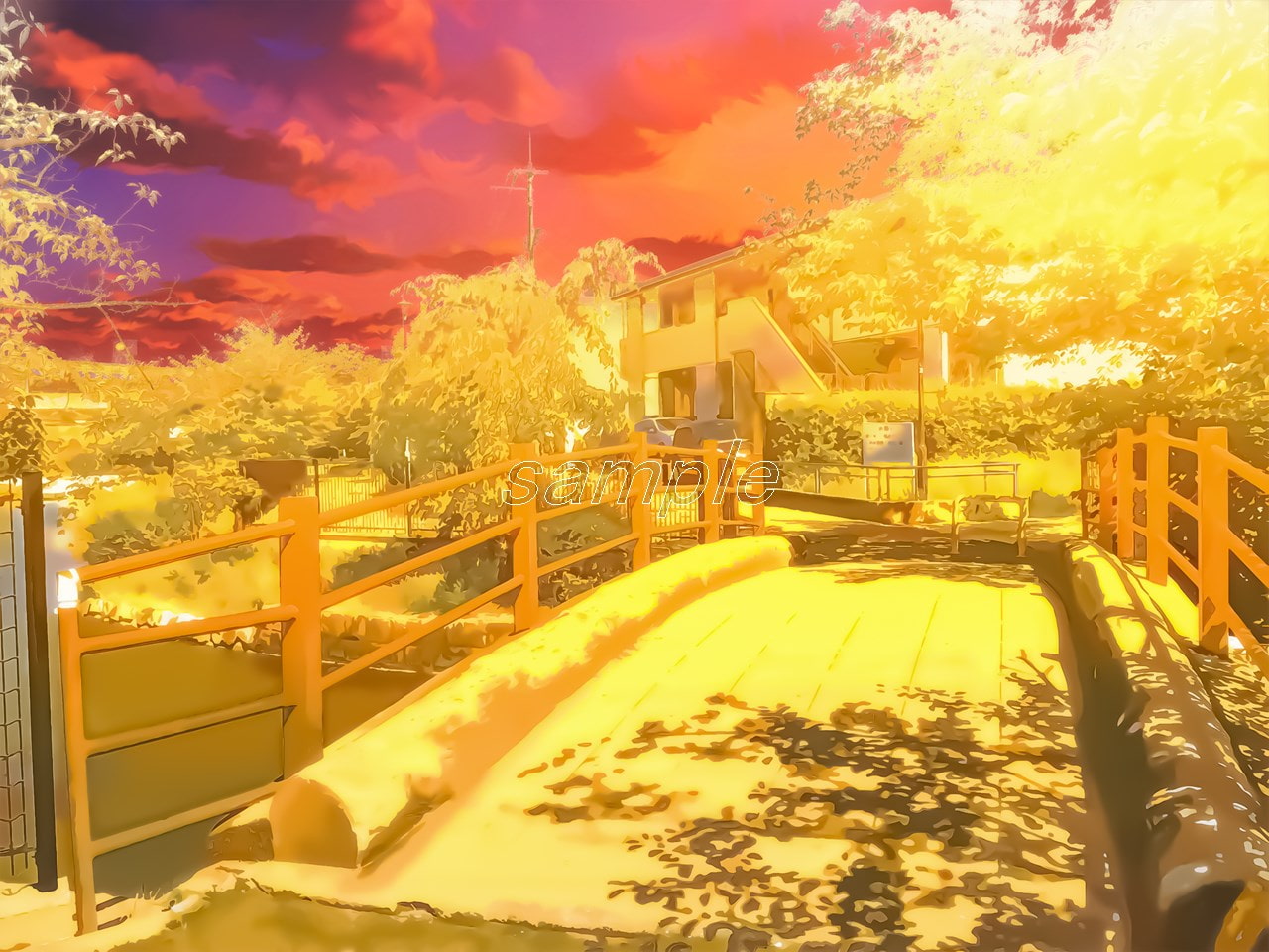 ため池公園前と橋【背景素材_夕方差分+空くり抜きセット】