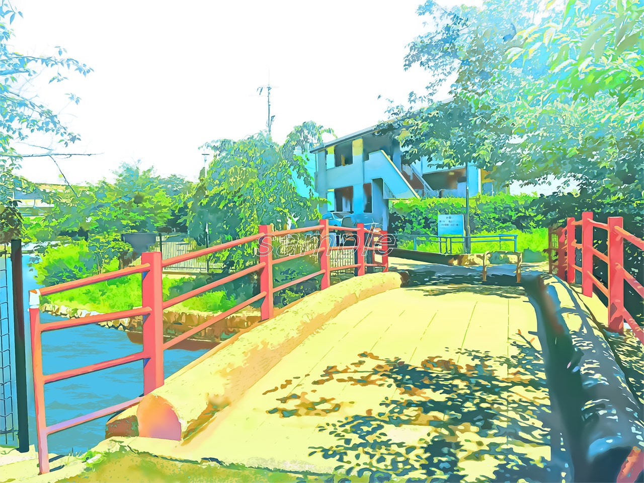 ため池公園前と橋【背景素材_夕方差分+空くり抜きセット】