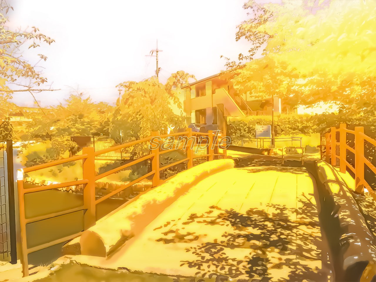 ため池公園前と橋【背景素材_夕方差分+空くり抜きセット】