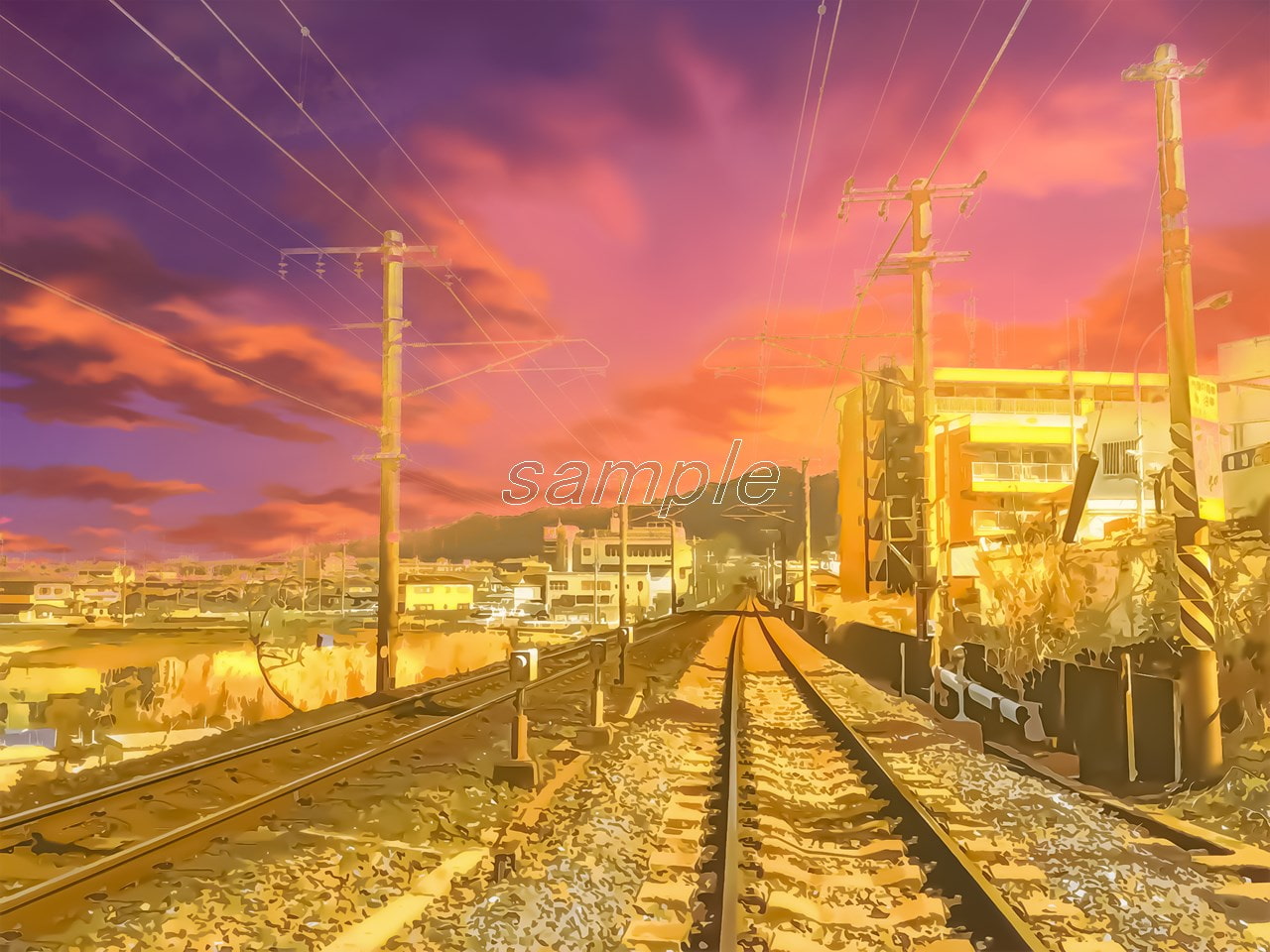 郊外の線路【背景素材_夕方差分+空くり抜きセット】