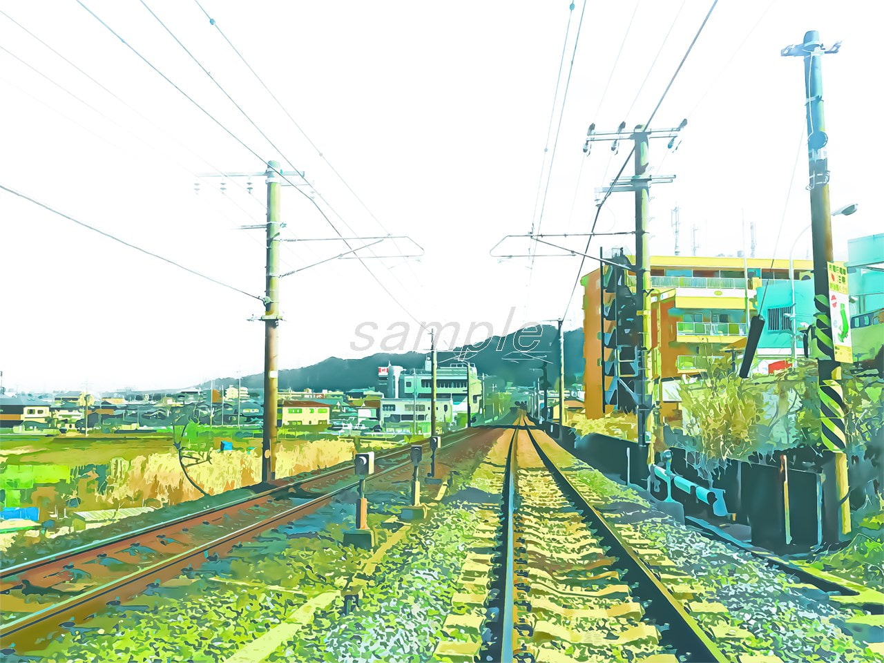 郊外の線路【背景素材_夕方差分+空くり抜きセット】