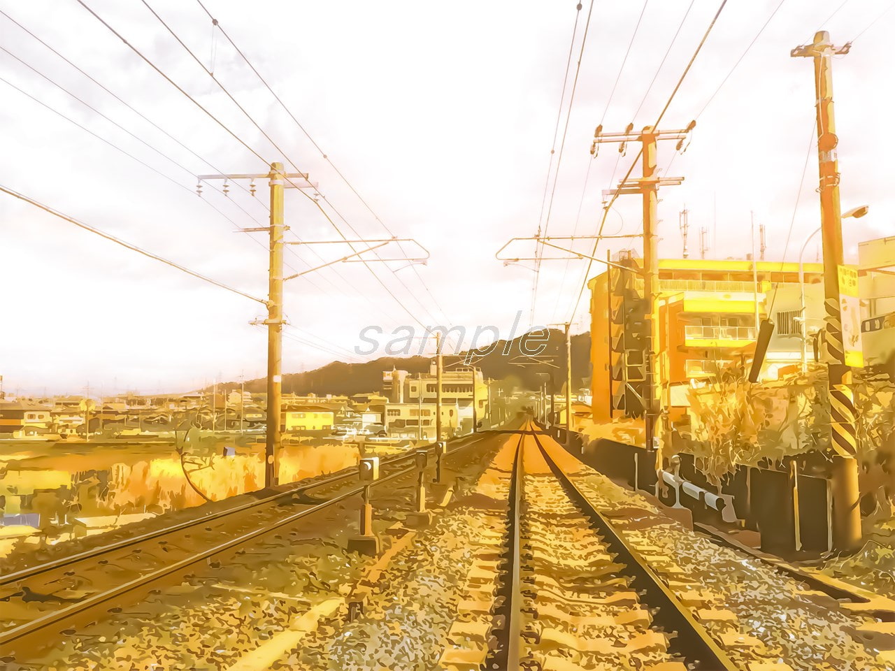 郊外の線路【背景素材_夕方差分+空くり抜きセット】