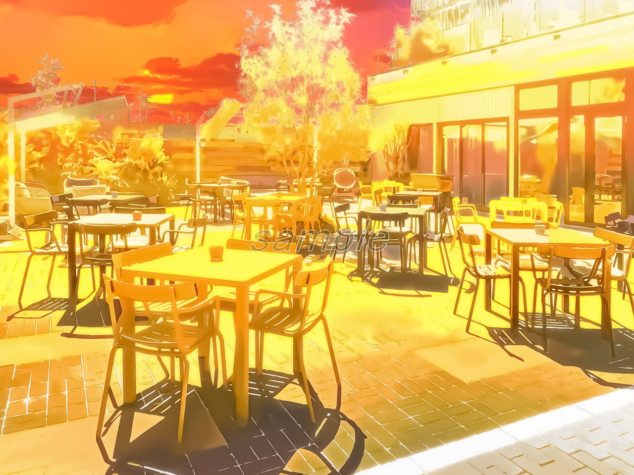 公園のカフェテリア【背景素材_夕方差分+空くり抜きセット】