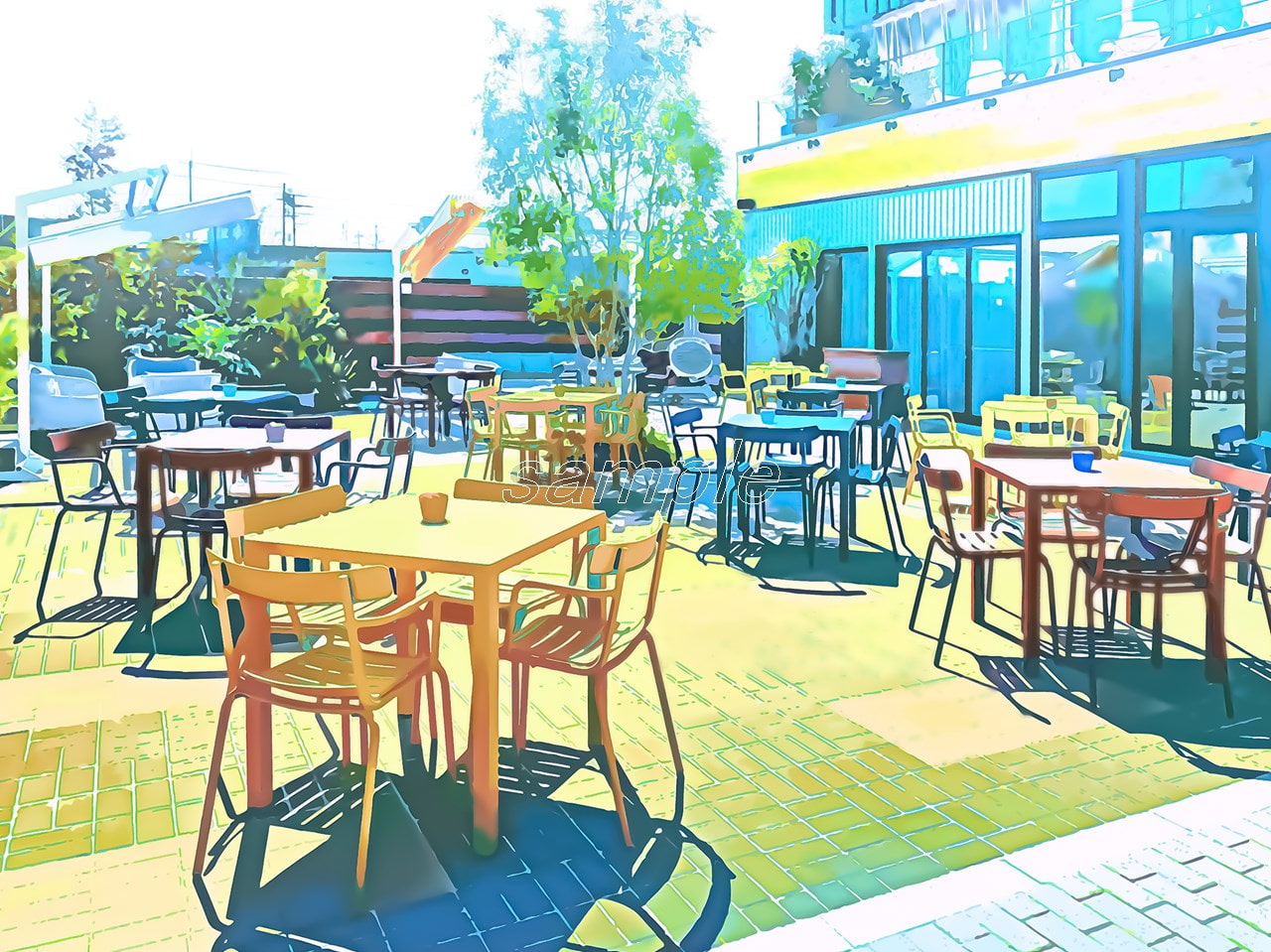 公園のカフェテリア【背景素材_夕方差分+空くり抜きセット】