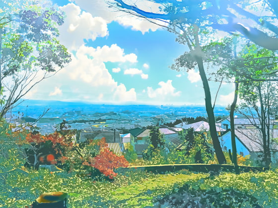 山間部からの町の眺め【背景素材_夕方差分+空くり抜きセット】