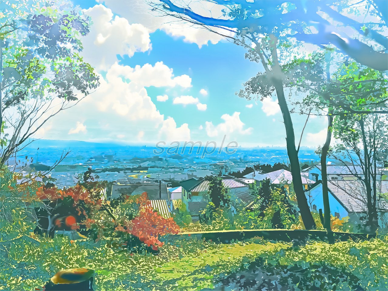 山間部からの町の眺め【背景素材_夕方差分+空くり抜きセット】