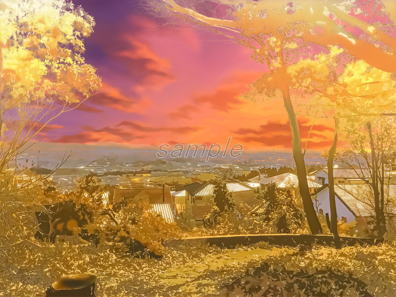 山間部からの町の眺め【背景素材_夕方差分+空くり抜きセット】