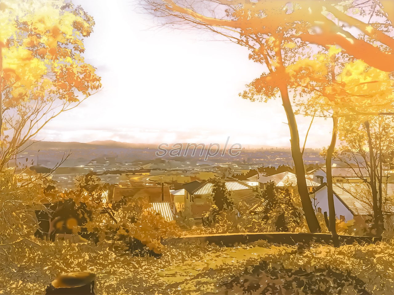 山間部からの町の眺め【背景素材_夕方差分+空くり抜きセット】