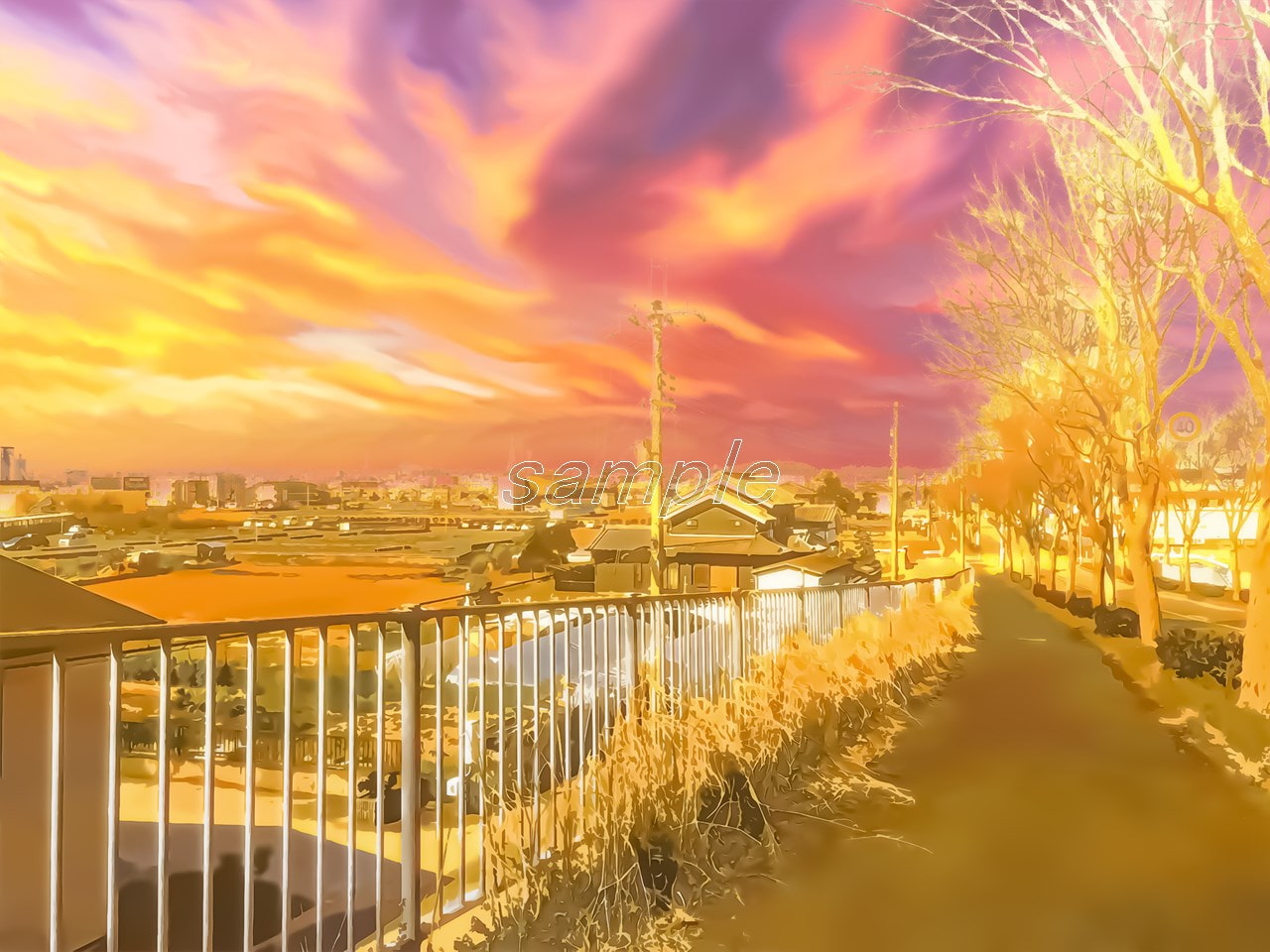 のどかな郊外の道【背景素材_夕方差分+空くり抜きセット】