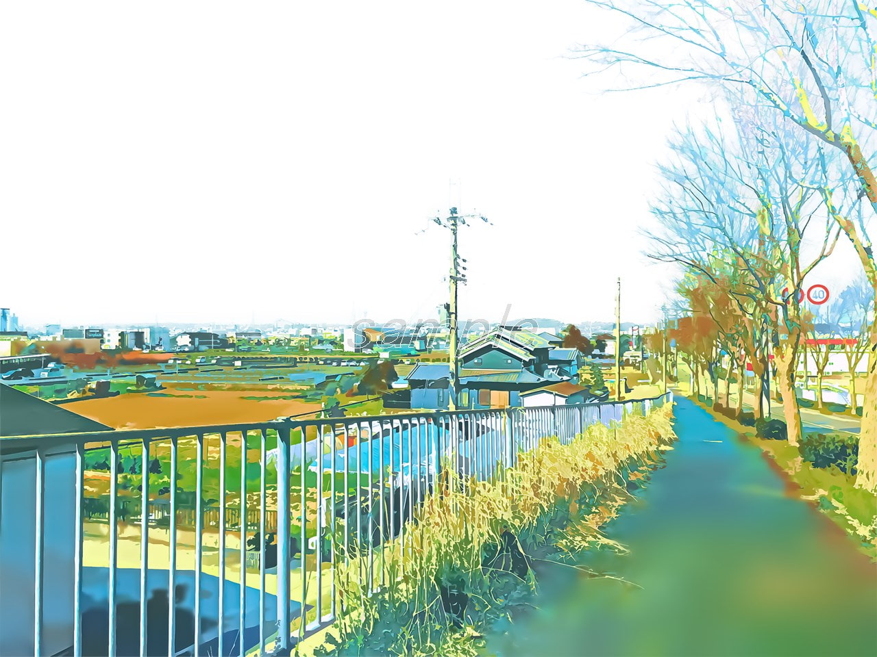 のどかな郊外の道【背景素材_夕方差分+空くり抜きセット】